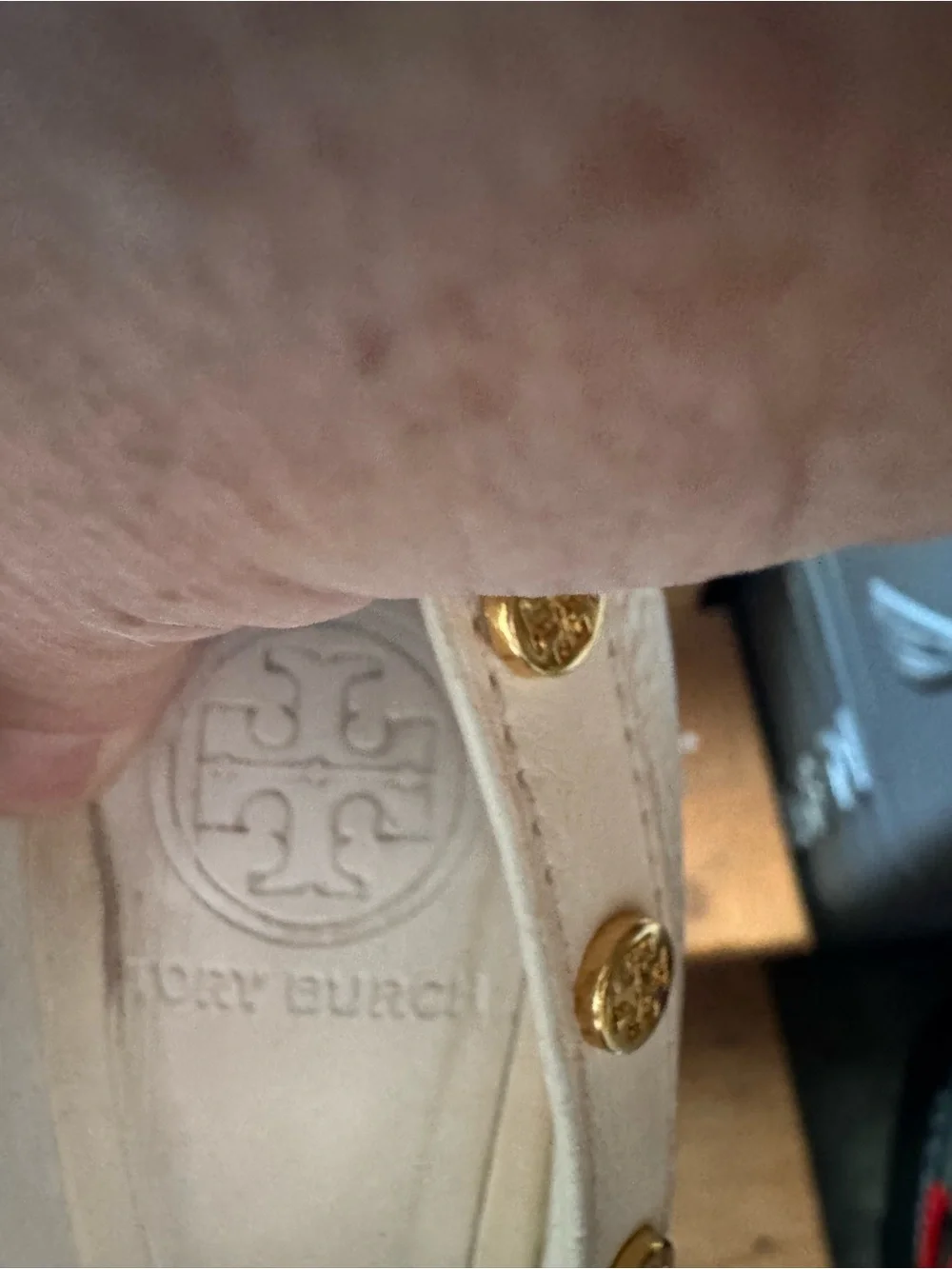 Tory Burch White Leather Peep-Toe Wedges with Gold Studs